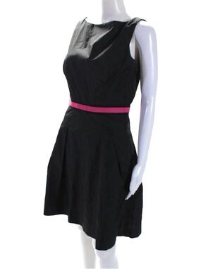 Milly of NY Vintage Midi Fit & Flare Dress in Black with Pink Ribbon Size 8
